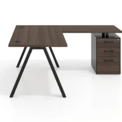 Mesa de escritorio en L con cajones UvePro, estructura negra, ala pedestal melamina