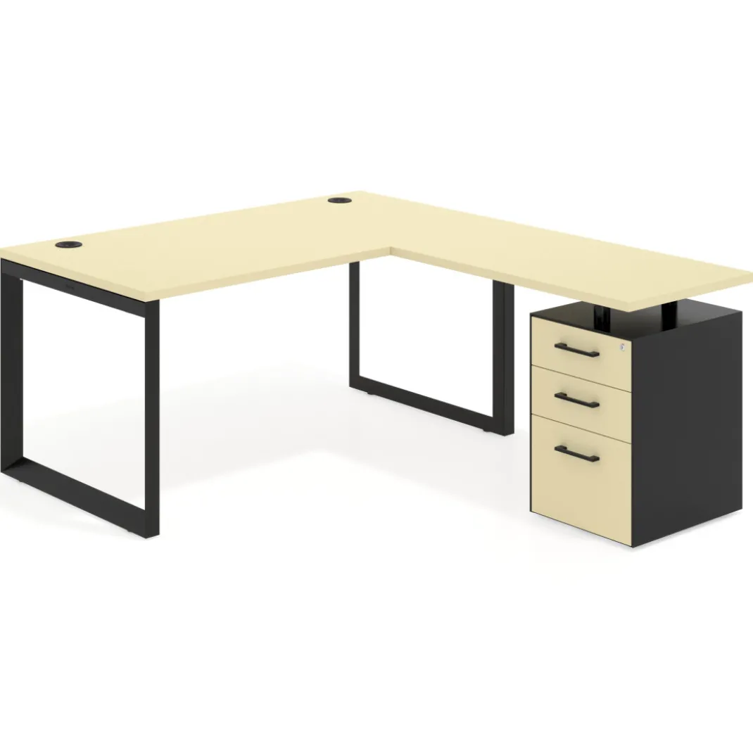Mesa de escritorio en L con cajones Delta, estructura negra, ala pedestal melamina