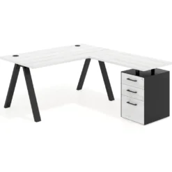 Mesa de escritorio en L con cajones UvePro, estructura negra, ala pedestal melamina