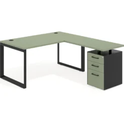 Mesa de escritorio en L con cajones Delta, estructura negra, ala pedestal melamina