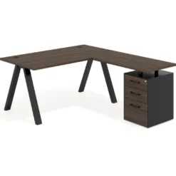 Mesa de escritorio en L con cajones UvePro, estructura negra, ala pedestal melamina