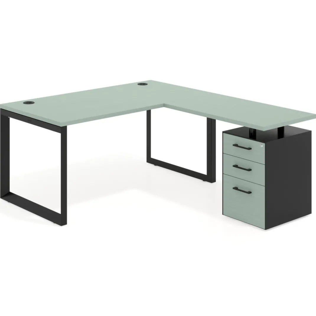 Mesa de escritorio en L con cajones Delta, estructura negra, ala pedestal melamina