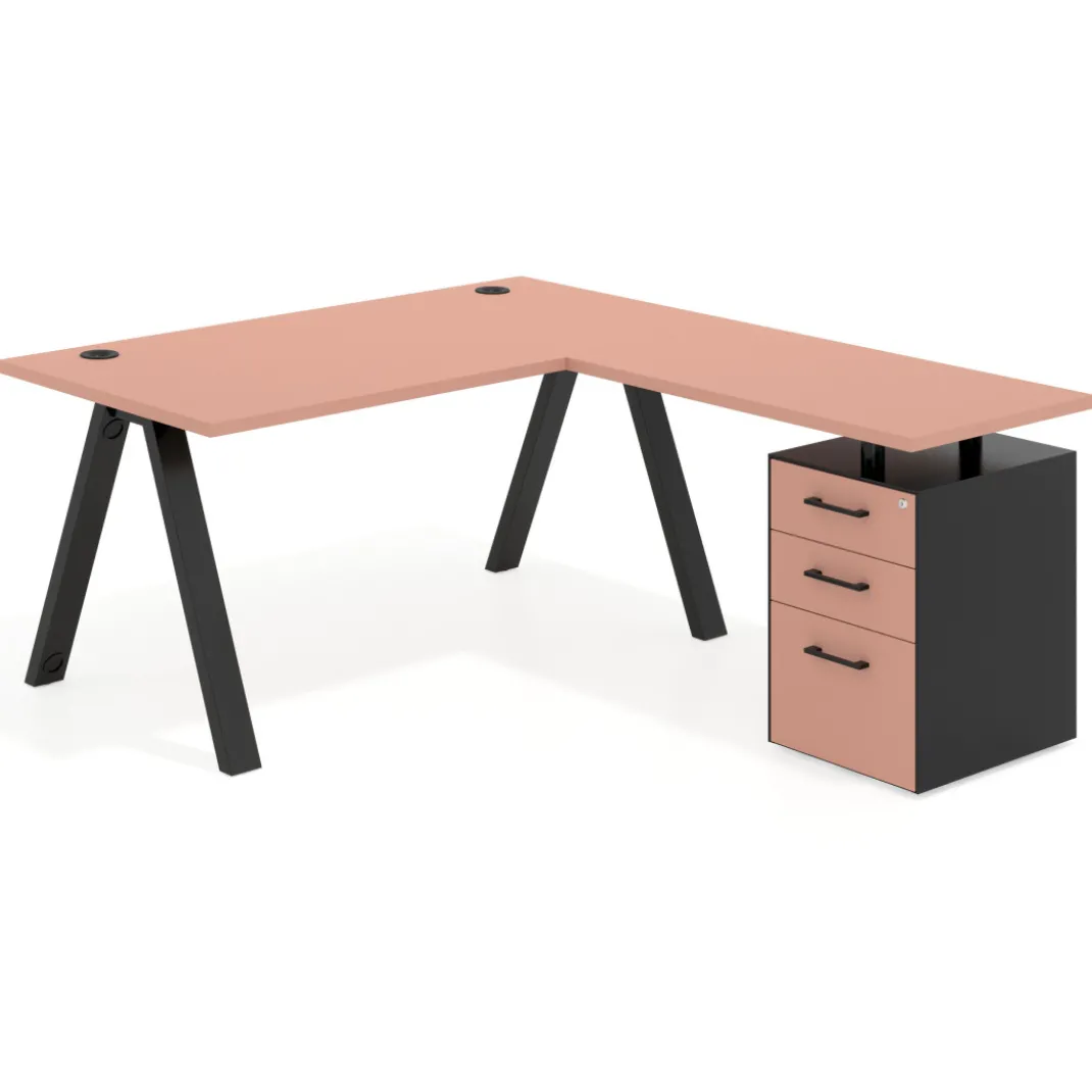 Mesa de escritorio en L con cajones UvePro, estructura negra, ala pedestal melamina