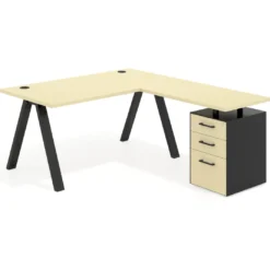 Mesa de escritorio en L con cajones UvePro, estructura negra, ala pedestal melamina