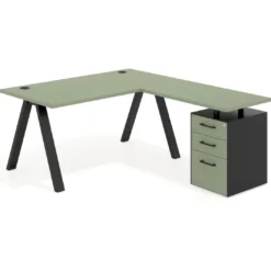 Mesa de escritorio en L con cajones UvePro, estructura negra, ala pedestal melamina