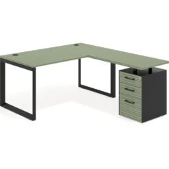 Mesa de escritorio en L con cajones Delta, estructura negra, ala pedestal melamina