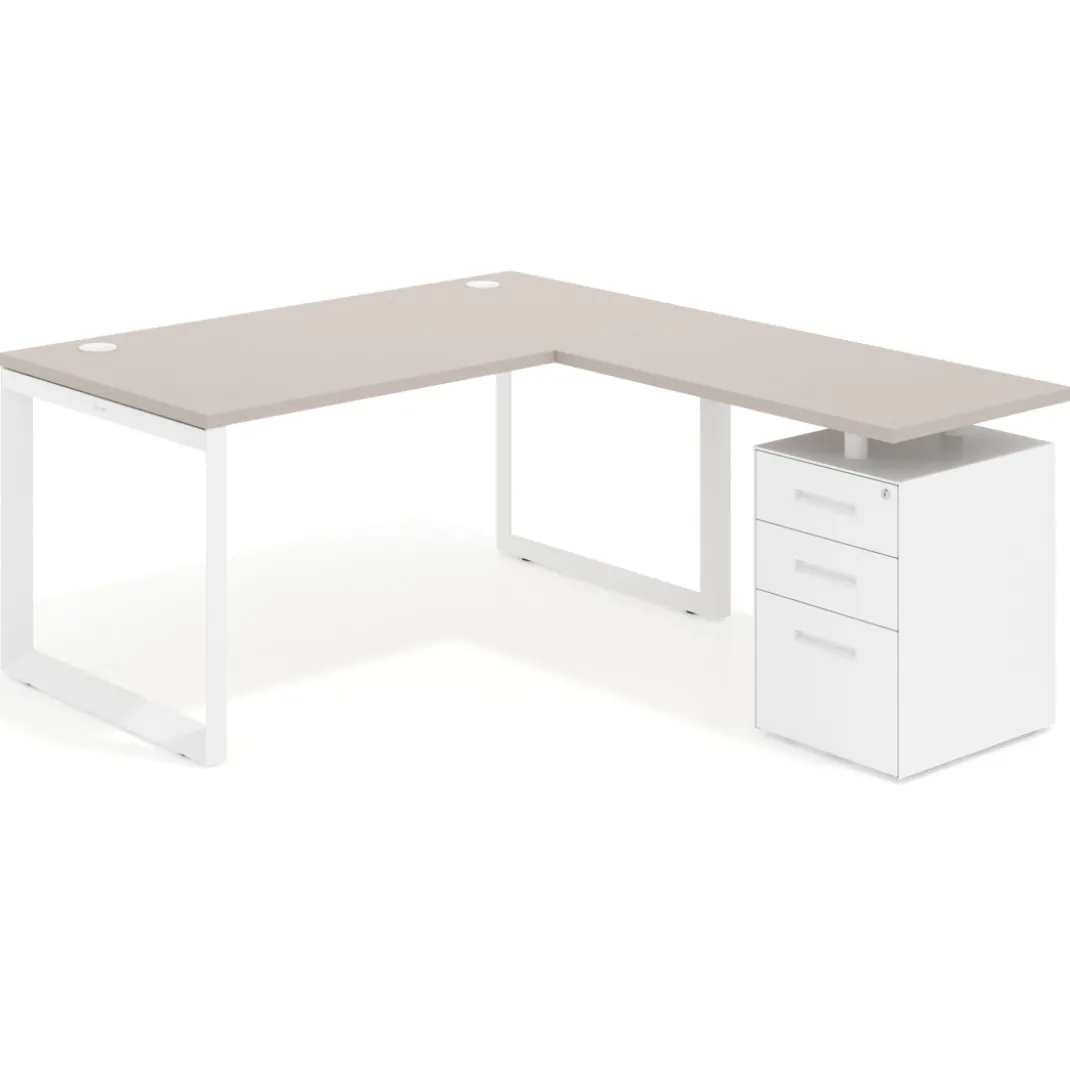 Mesa de escritorio en L con cajones Delta, estructura blanca, ala pedestal metal
