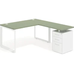 Mesa de escritorio en L con cajones Delta, estructura blanca, ala pedestal metal