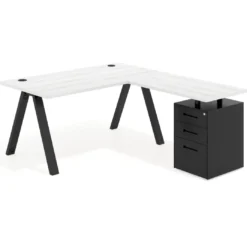 Mesa de escritorio en L con cajones UvePro, estructura negra, ala pedestal metal