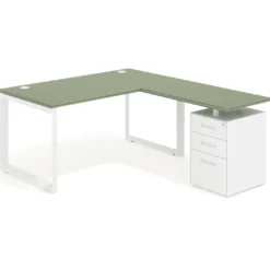 Mesa de escritorio en L con cajones Delta, estructura blanca, ala pedestal metal