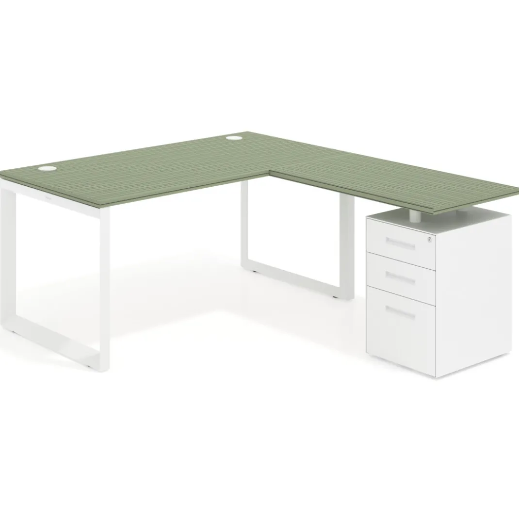 Mesa de escritorio en L con cajones Delta, estructura blanca, ala pedestal metal