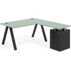 Mesa de escritorio en L con cajones UvePro, estructura negra, ala pedestal metal