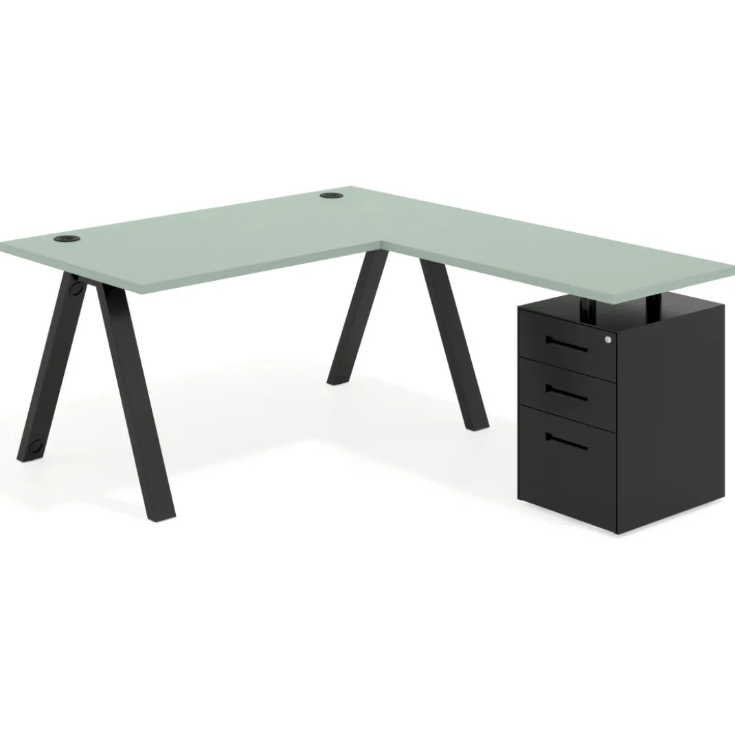 Mesa de escritorio en L con cajones Delta, estructura blanca, ala pedestal metal