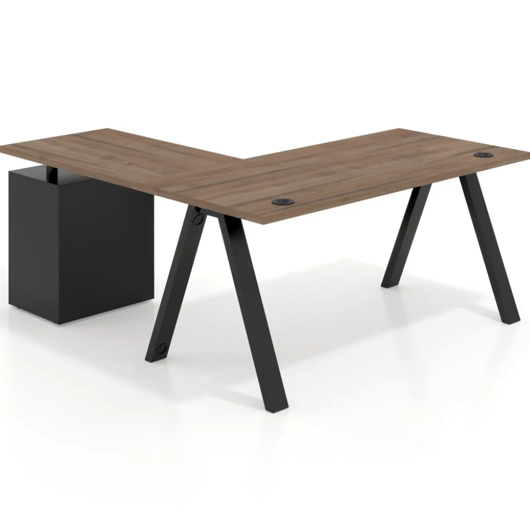 Mesa de escritorio en L con cajones Delta, estructura blanca, ala pedestal metal