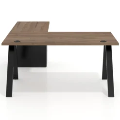 Mesa de escritorio en L con cajones Delta, estructura blanca, ala pedestal metal