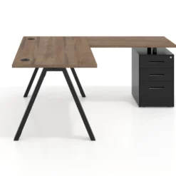 Mesa de escritorio en L con cajones Delta, estructura blanca, ala pedestal metal