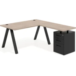 Mesa de escritorio en L con cajones Delta, estructura blanca, ala pedestal metal