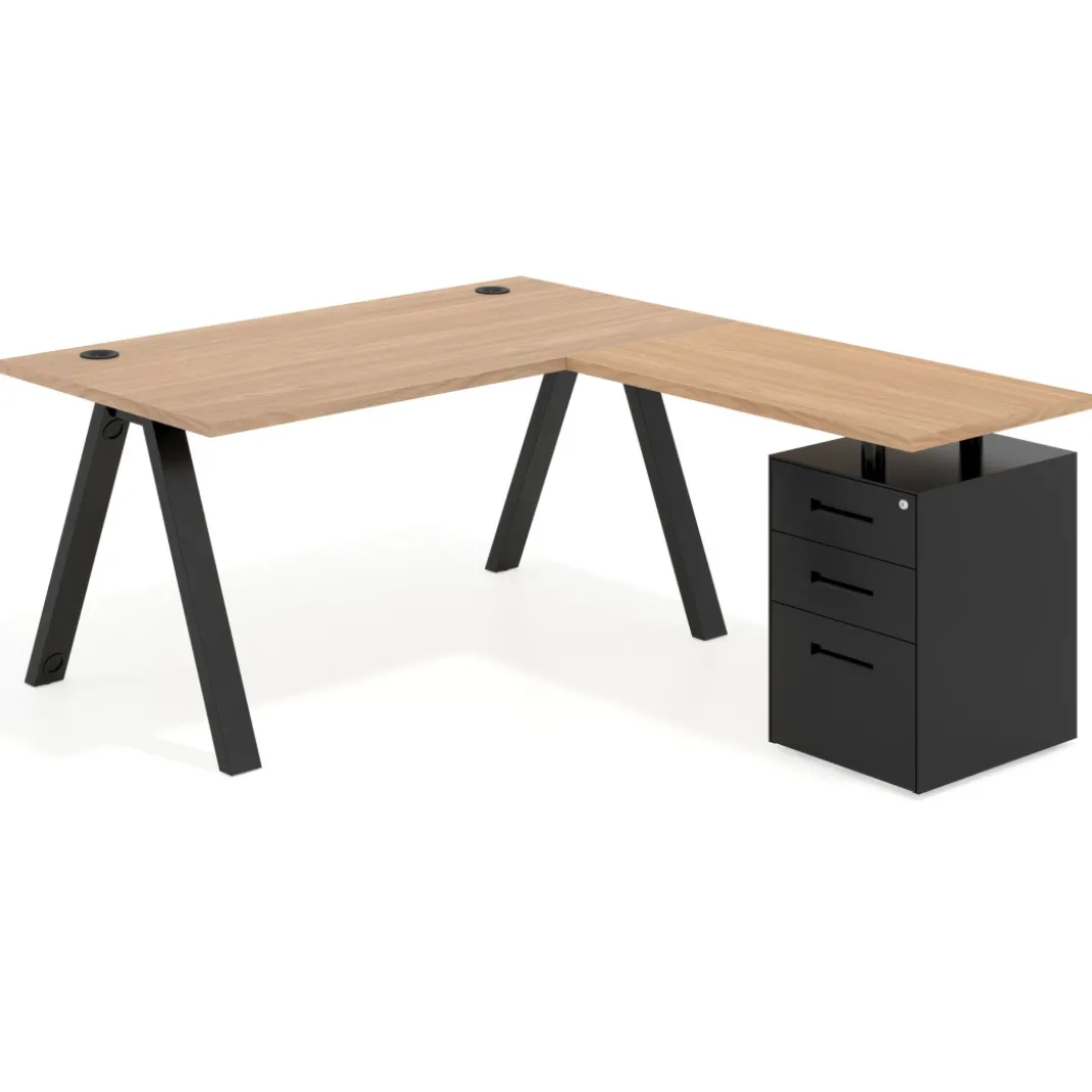 Mesa de escritorio en L con cajones UvePro, estructura negra, ala pedestal metal