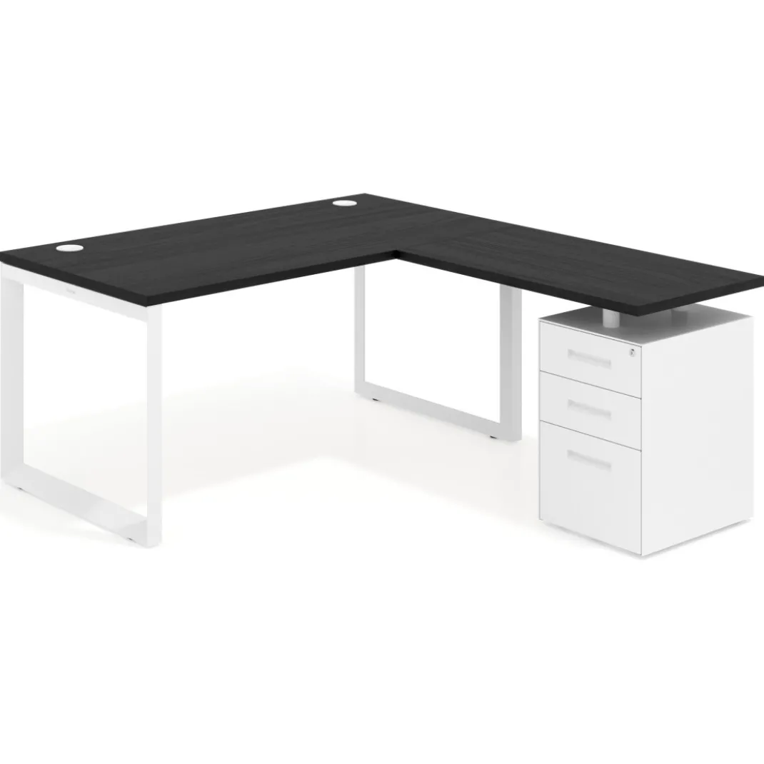 Mesa de escritorio en L con cajones Delta, estructura blanca, ala pedestal metal