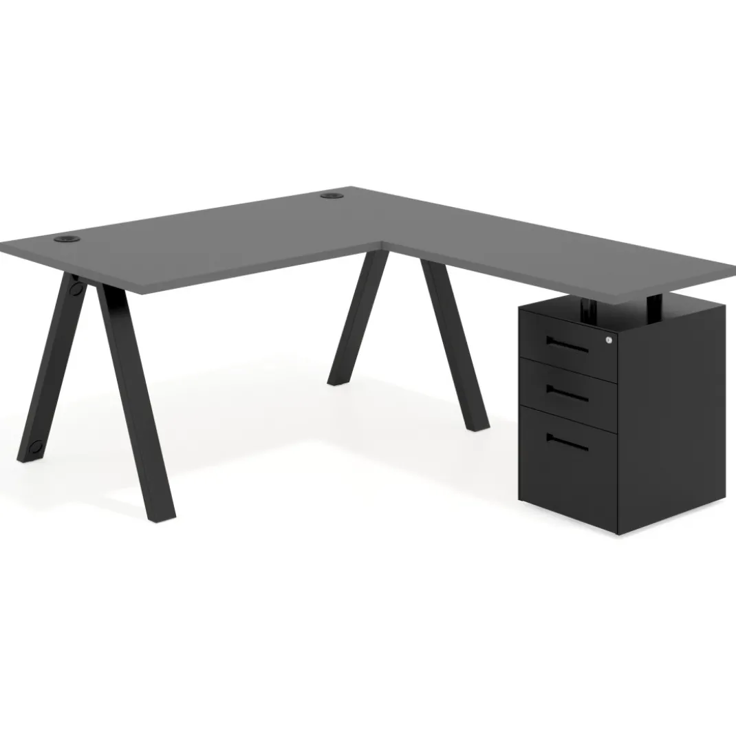 Mesa de escritorio en L con cajones UvePro, estructura negra, ala pedestal metal
