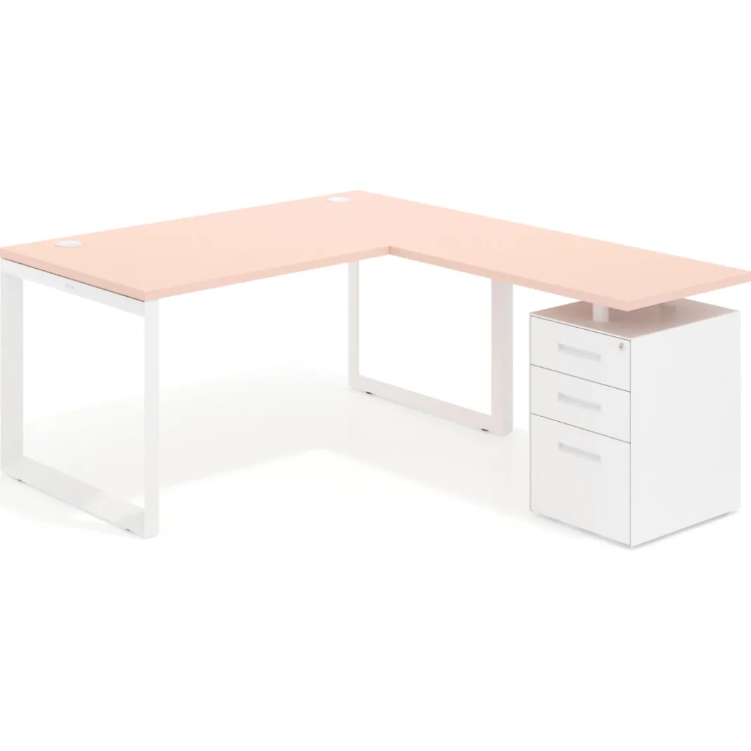 Mesa de escritorio en L con cajones Delta, estructura blanca, ala pedestal metal