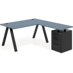 Mesa de escritorio en L con cajones Delta, estructura blanca, ala pedestal metal