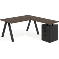 Mesa de escritorio en L con cajones Delta, estructura blanca, ala pedestal metal
