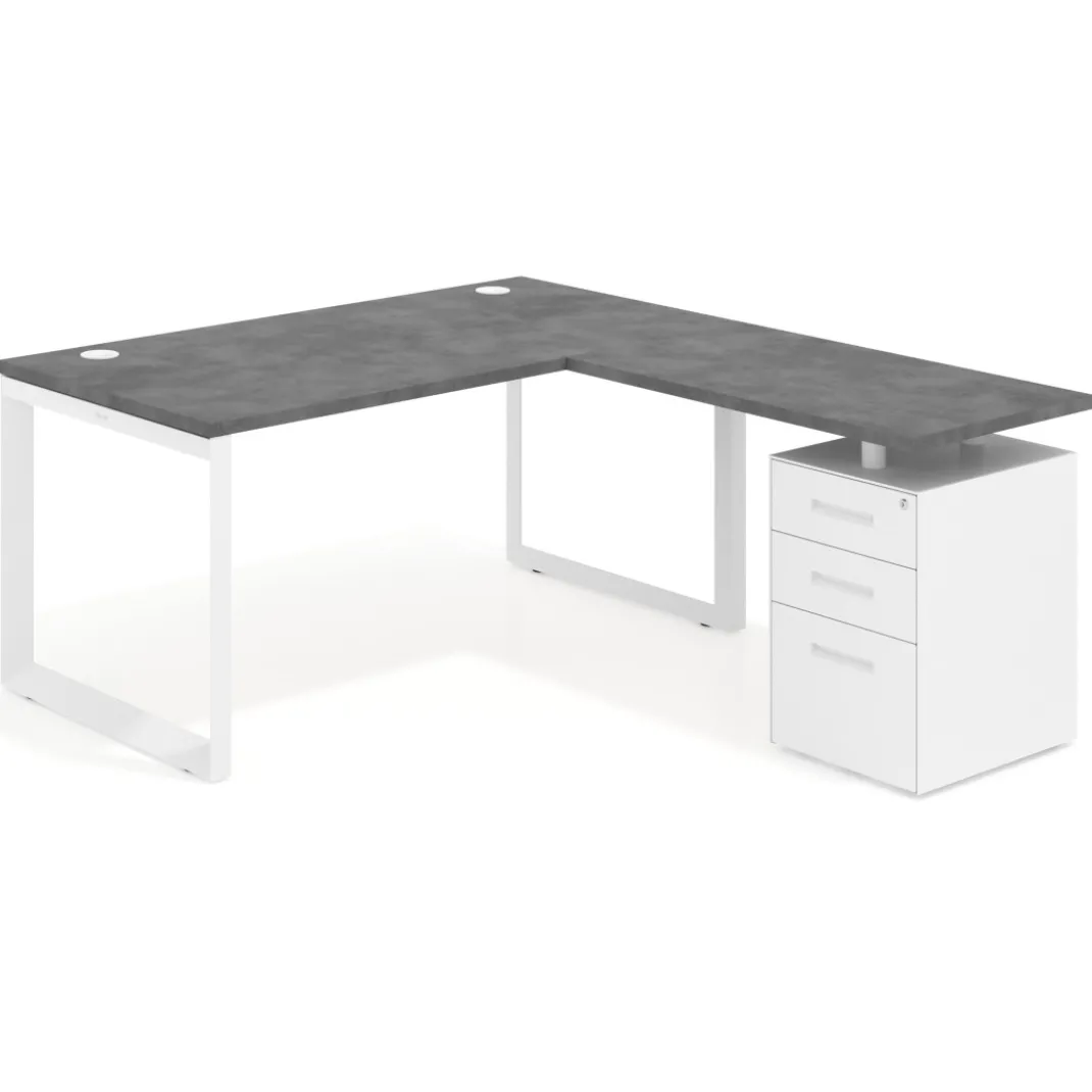 Mesa de escritorio en L con cajones UvePro, estructura negra, ala pedestal metal