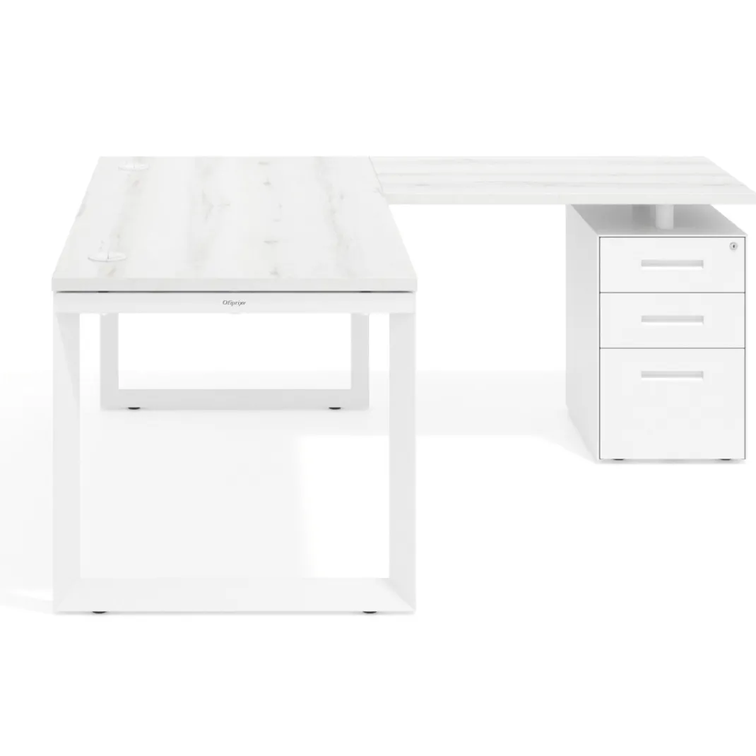 Mesa de escritorio en L con cajones UvePro, estructura negra, ala pedestal metal