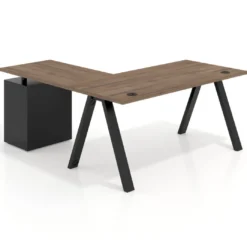 Mesa de escritorio en L con cajones Delta, estructura blanca, ala pedestal metal
