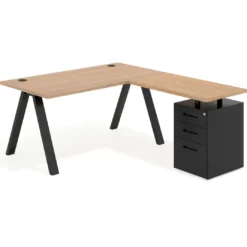 Mesa de escritorio en L con cajones Delta, estructura blanca, ala pedestal metal