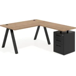Mesa de escritorio en L con cajones Delta, estructura blanca, ala pedestal metal