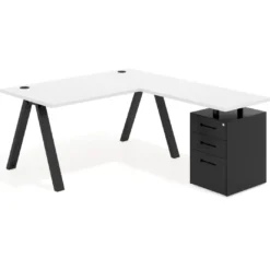 Mesa de escritorio en L con cajones Delta, estructura blanca, ala pedestal metal