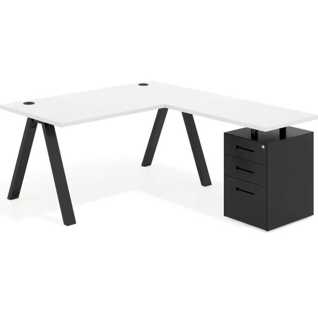 Mesa de escritorio en L con cajones Delta, estructura blanca, ala pedestal metal