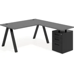 Mesa de escritorio en L con cajones UvePro, estructura negra, ala pedestal metal