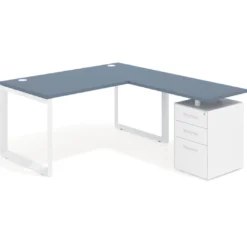 Mesa de escritorio en L con cajones Delta, estructura blanca, ala pedestal metal
