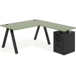 Mesa de escritorio en L con cajones UvePro, estructura negra, ala pedestal metal