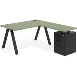 Mesa de escritorio en L con cajones UvePro, estructura negra, ala pedestal metal