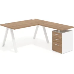 Mesa de escritorio en L con cajones UvePro, estructura blanca, ala pedestal melamina