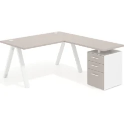 Mesa de escritorio en L con cajones UvePro, estructura blanca, ala pedestal melamina