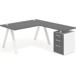 Mesa de escritorio en L con cajones UvePro, estructura blanca, ala pedestal melamina