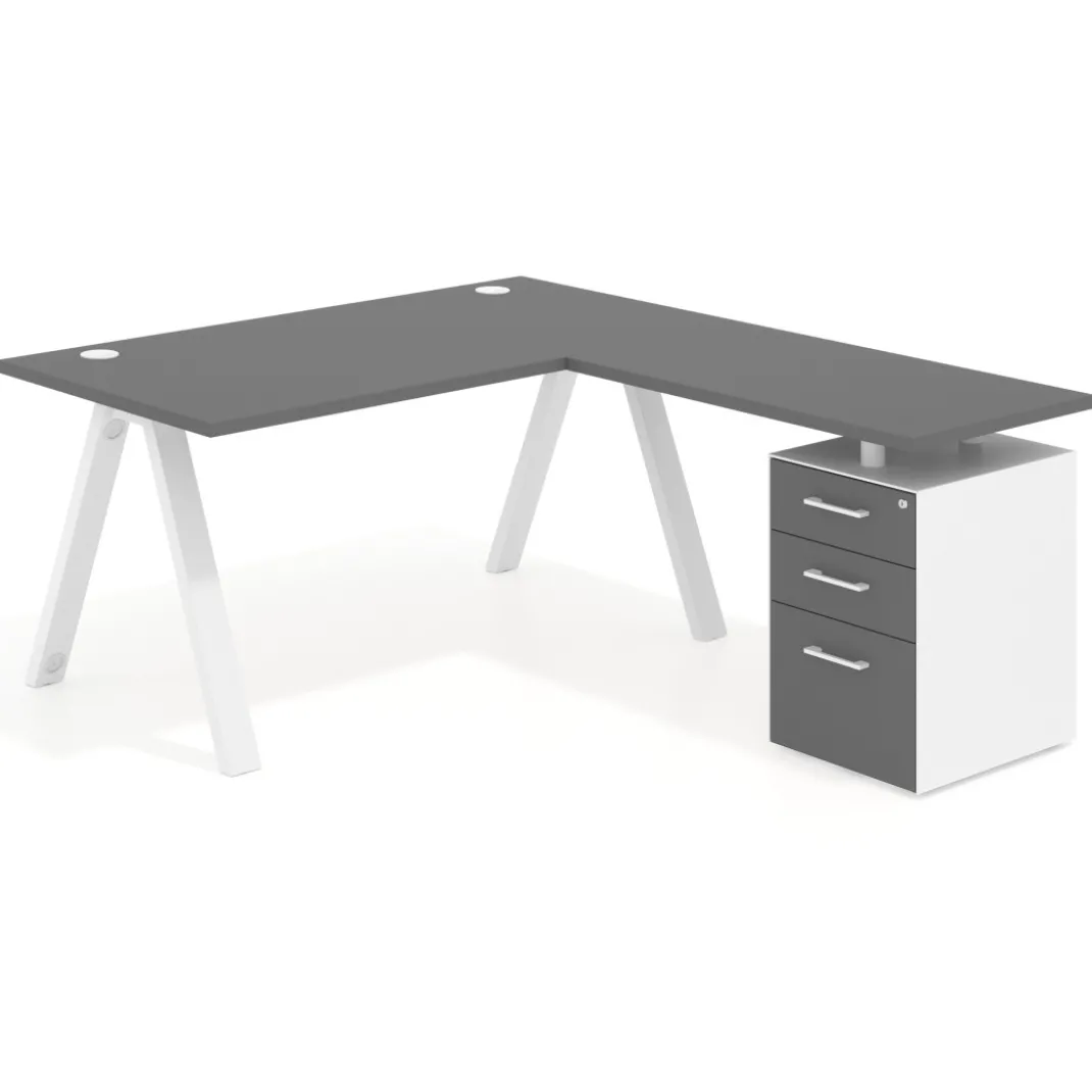 Mesa de escritorio en L con cajones UvePro, estructura blanca, ala pedestal melamina