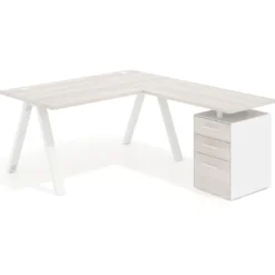 Mesa de escritorio en L con cajones UvePro, estructura blanca, ala pedestal melamina