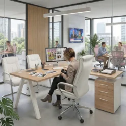 Mesa de escritorio en L con cajones UvePro, estructura blanca, ala pedestal melamina