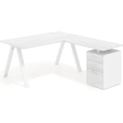 Mesa de escritorio en L con cajones UvePro, estructura blanca, ala pedestal melamina