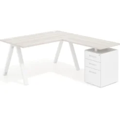 Mesa de escritorio en L con cajones UvePro, estructura blanca, ala pedestal metal