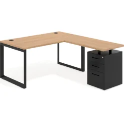 Mesa de escritorio en L con cajones Delta, estructura negra, ala pedestal metal