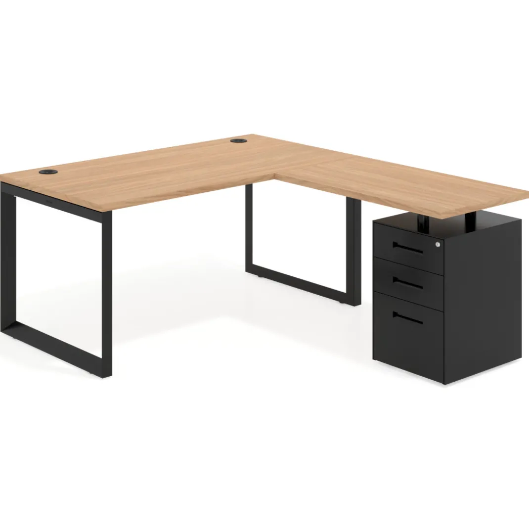 Mesa de escritorio en L con cajones Delta, estructura negra, ala pedestal metal