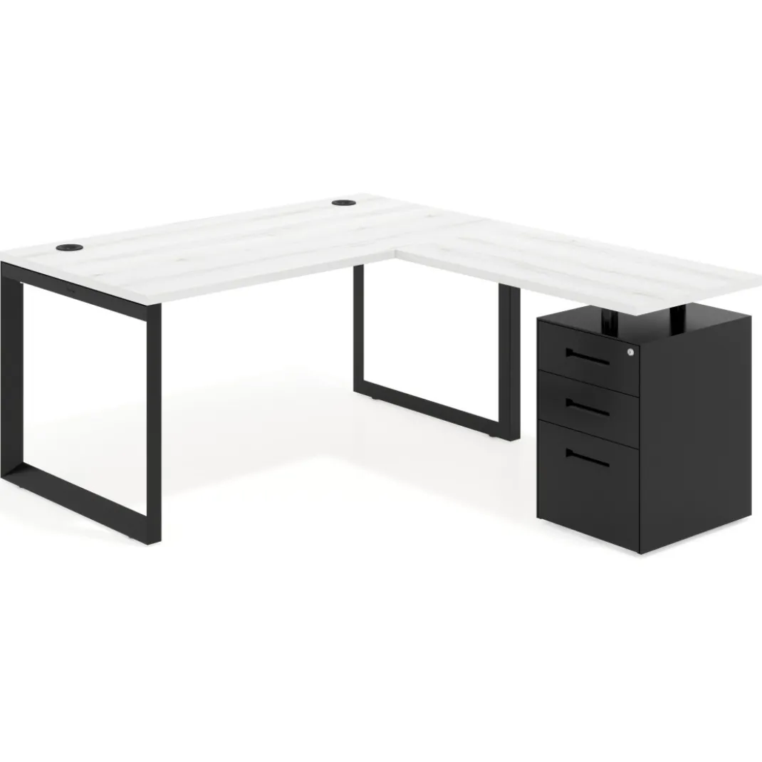 Mesa de escritorio en L con cajones Delta, estructura negra, ala pedestal metal