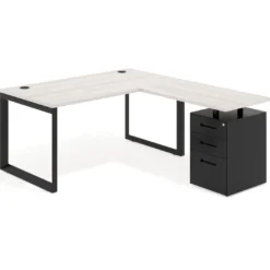 Mesa de escritorio en L con cajones Delta, estructura negra, ala pedestal metal